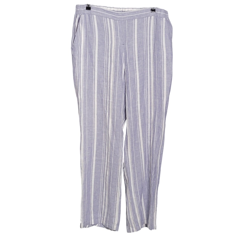 Ellen Tracy Pants Womens‎ 14 Blue White Striped 100% Linen Elastic Waist Casual
